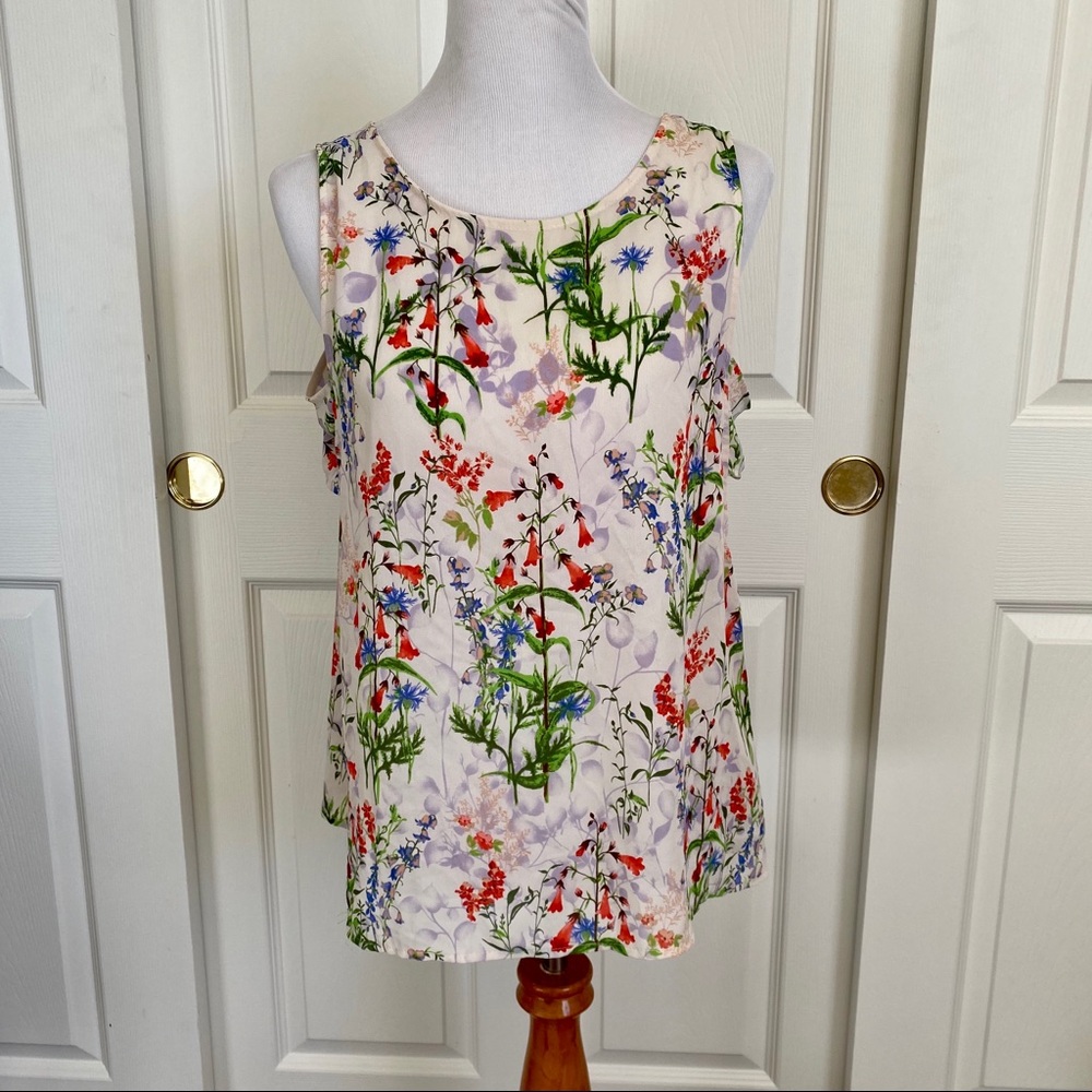 Tua Ivory Wildflower Botanical‎ Floral Side Cutout Sleeveless Tank Blouse Sz L